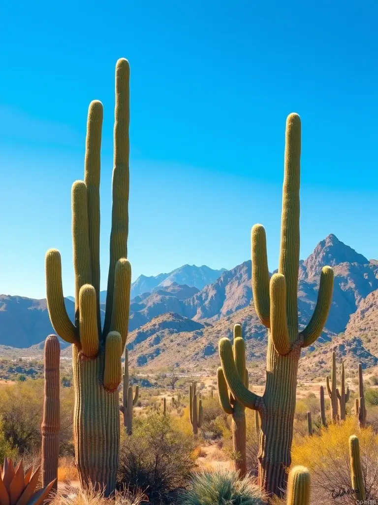 A scenic photograph of Tucson, Arizona, featuring the iconic saguaro cacti against a backdrop of mountains, highlighting the natural beauty of the region. This image represents one of Gonzalez Shuttle's primary destinations.