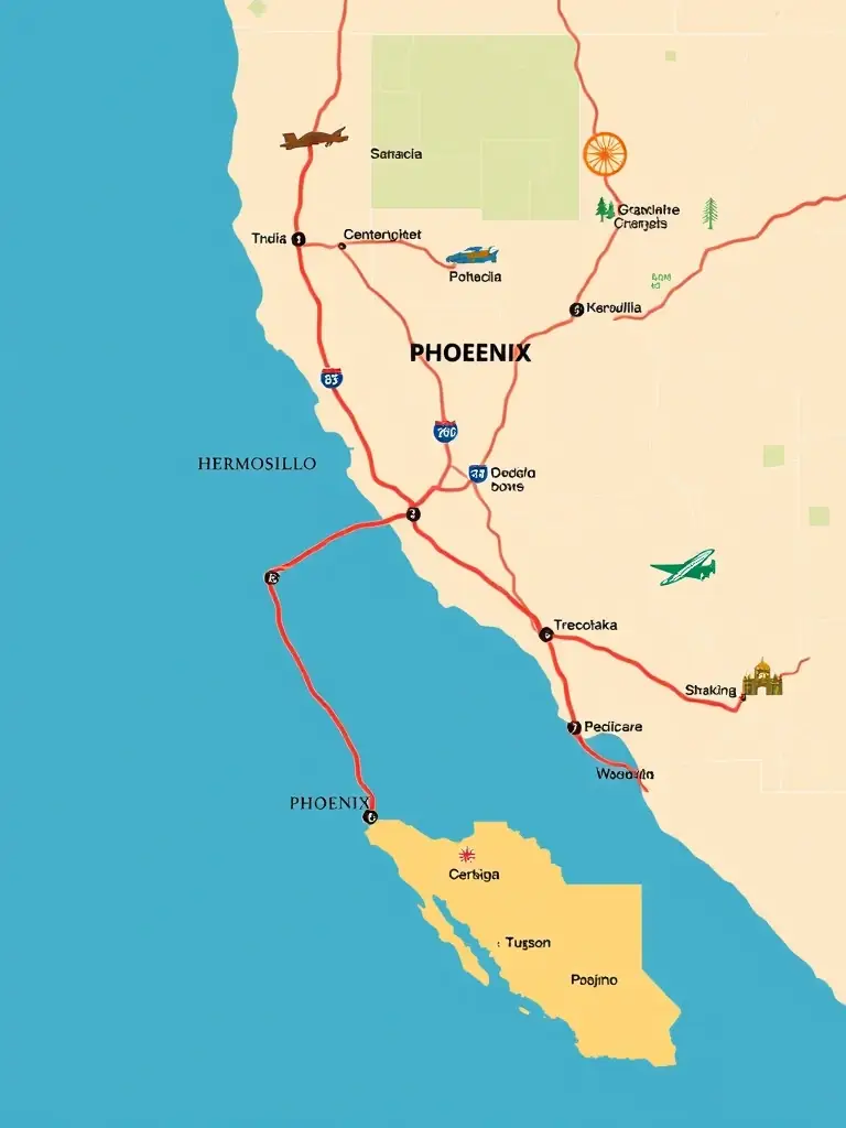 A detailed map highlighting the route between Phoenix, Tucson, and Hermosillo, clearly indicating the major highways and landmarks along the way. This map visually represents Gonzalez Shuttle's service area.