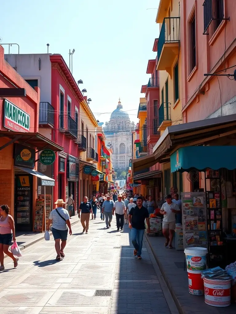 A bustling street scene in Hermosillo, Sonora, Mexico, showcasing local shops, colorful buildings, and the vibrant culture of the city. This image represents one of Gonzalez Shuttle's primary destinations.