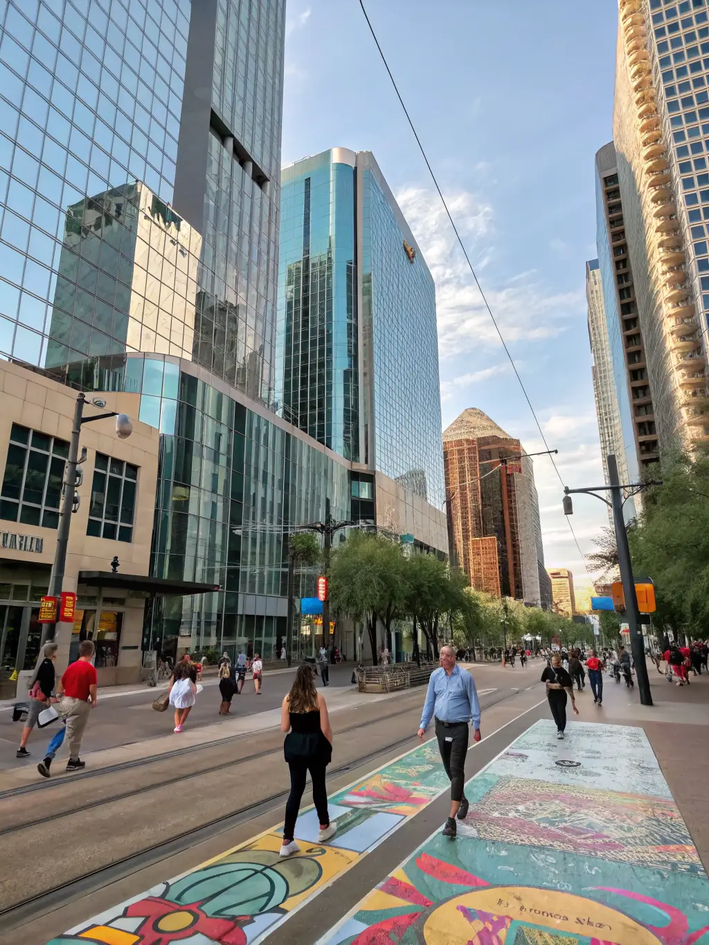 A vibrant, sunlit image of downtown Phoenix, Arizona, showcasing modern buildings and palm trees, capturing the city's energetic atmosphere. This image represents one of Gonzalez Shuttle's primary destinations.